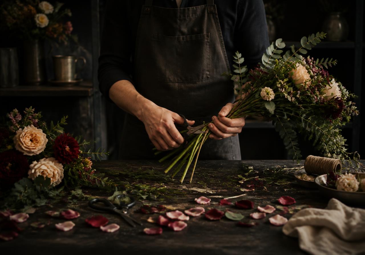 Florist trimming stems at the Florería Nava studio workbench